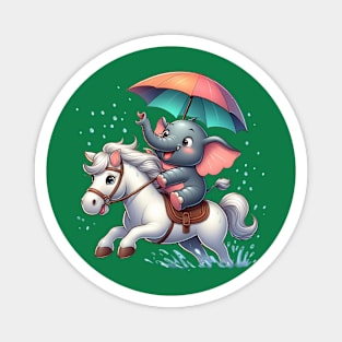 Little elephant carrying an umbrella riding a horse Magnet